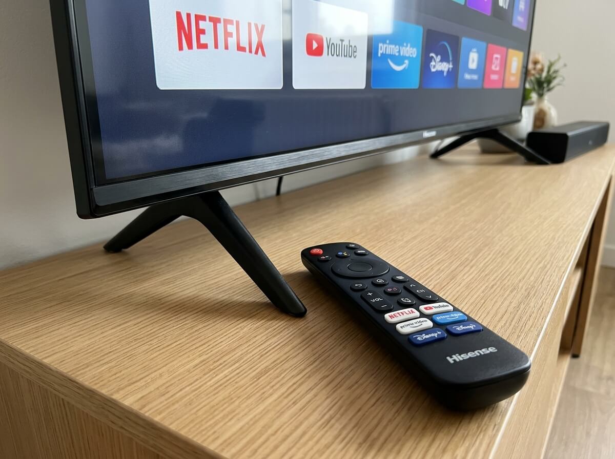 Télécommande officielle de Smart TV Hisense posée à côté de l'écran de télévision.