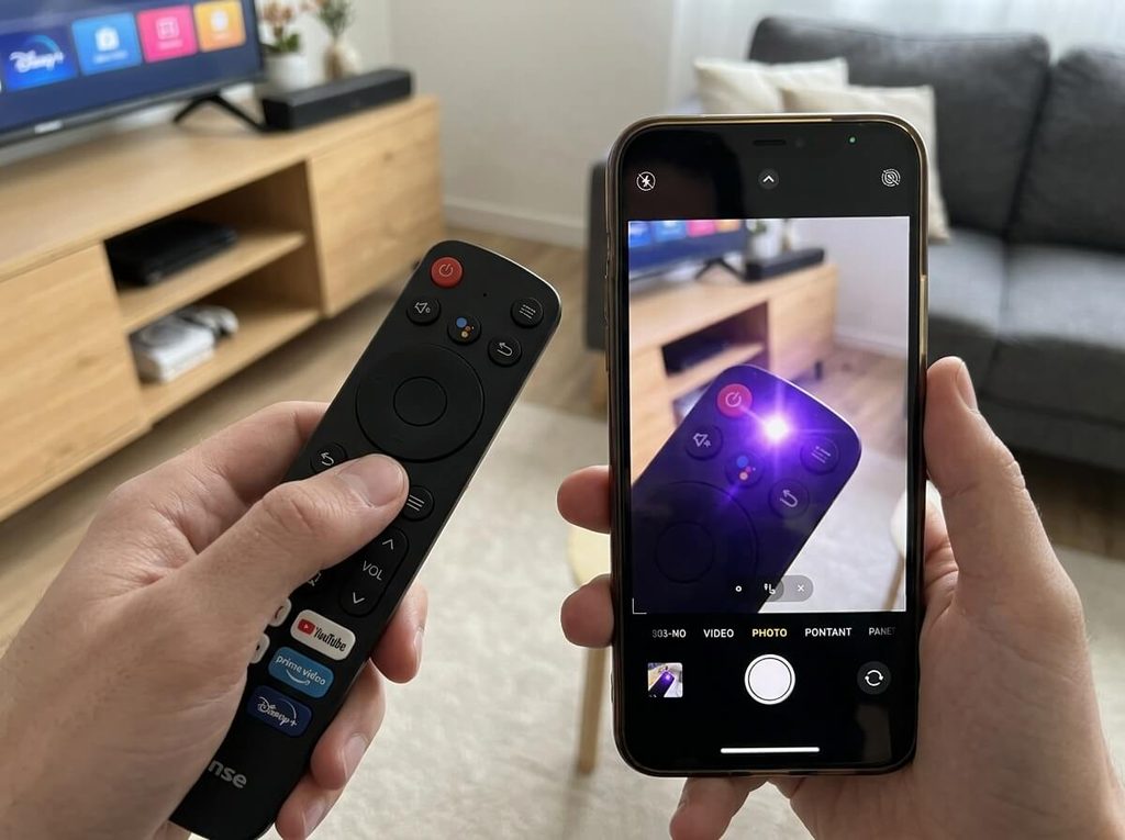 Contrôle de l'émission du signal lumineux d'une télécommande à travers l'objectif d'un téléphone.