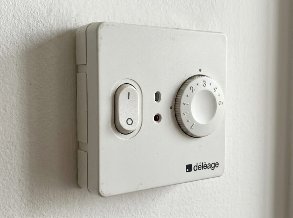 Boîtier mural blanc du thermostat électronique Délèage TAI 60 avec sa molette graduée.