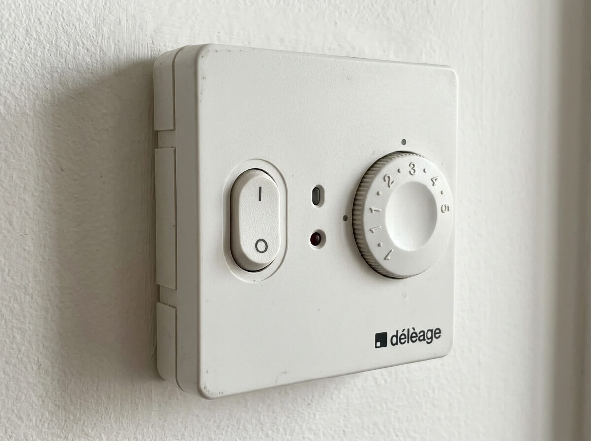 Boîtier mural blanc du thermostat électronique Délèage TAI 60 avec sa molette graduée.