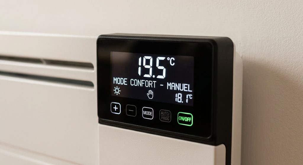 Écran digital du panneau de contrôle d'un radiateur à inertie réglé en mode confort manuel.
