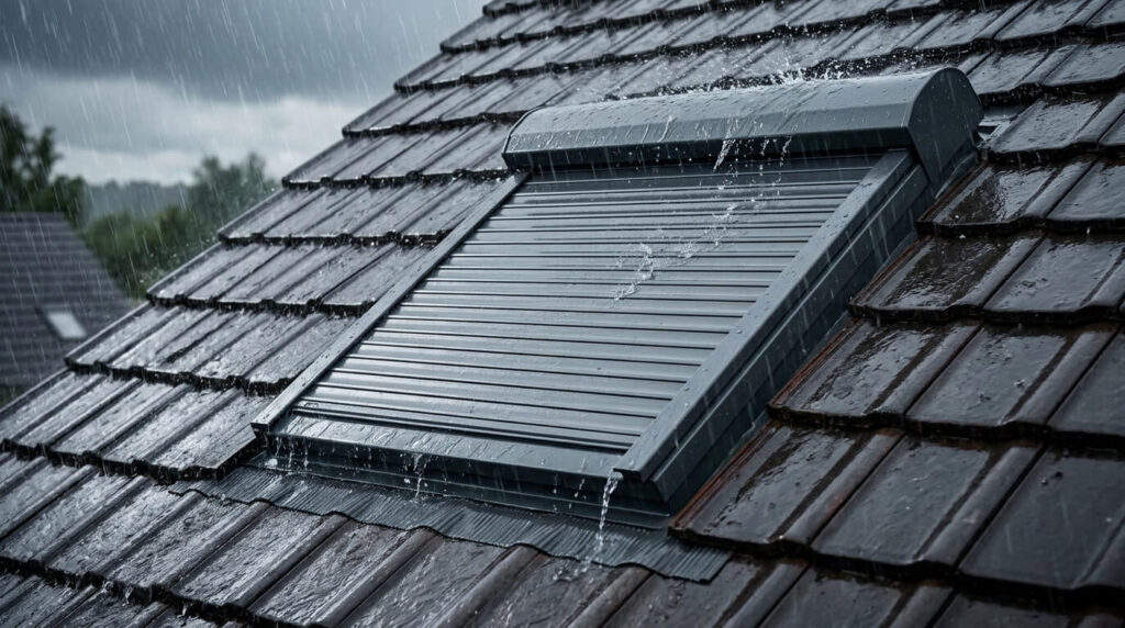 Volet roulant extérieur en aluminium installé sur une fenêtre de toit Velux sous une averse.