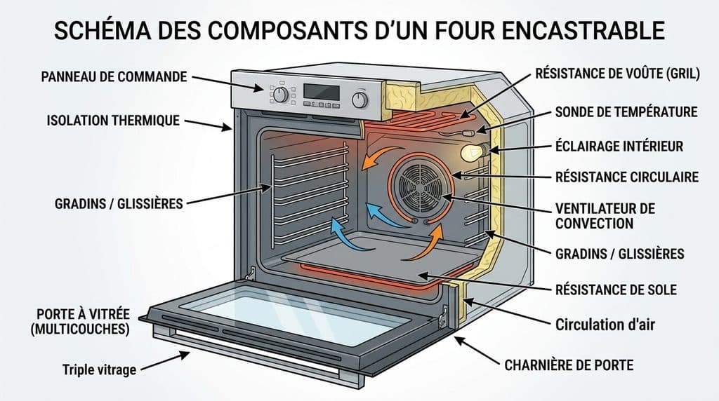 Schéma des composants internes d'un four encastrable avec résistances et ventilateur.